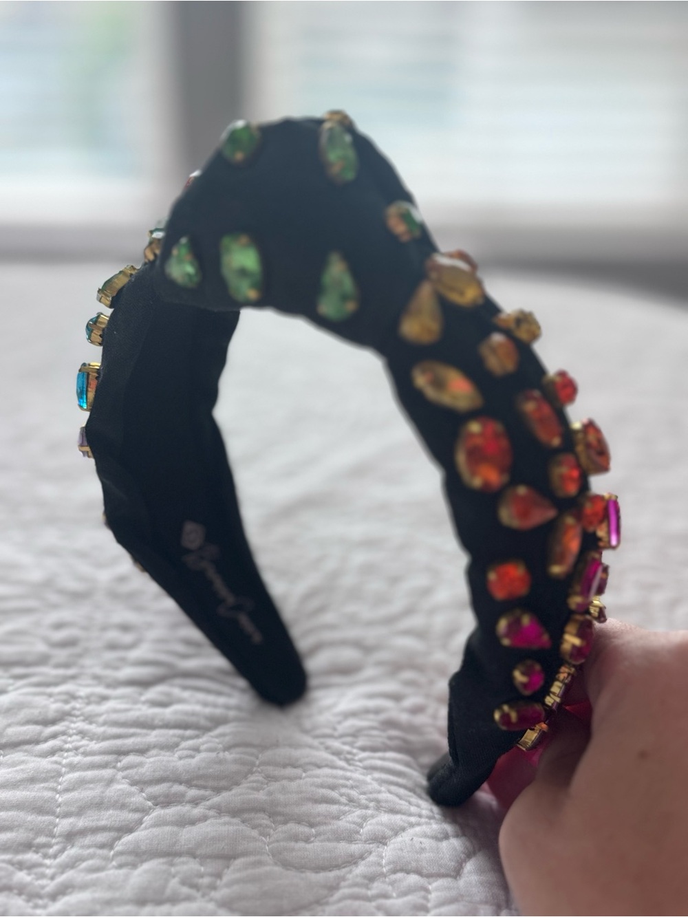 Brianna Cannon black headband with rainbow gradient hand-sewn crystals